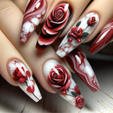 24pcs/Set Dark Red Flowers Press-On Nails