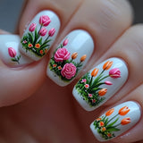 24pcs/Set Tulip And Rose Floral Press-On Nails