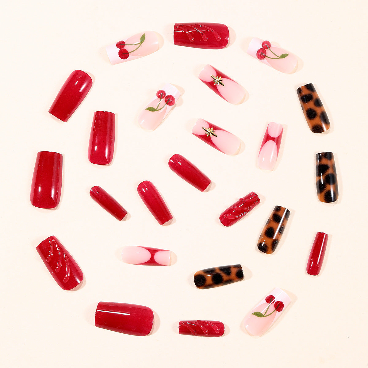 24pcs/Set White French Tip with 3D Cherry Press-On Nails