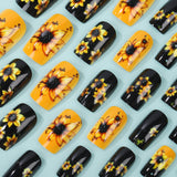 24pcs/Set Black & Orange Contrast Floral Press-On Nails