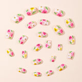 24pcs/Set Colorful Flowers with Green Botanical Leaves Short Press On Nails