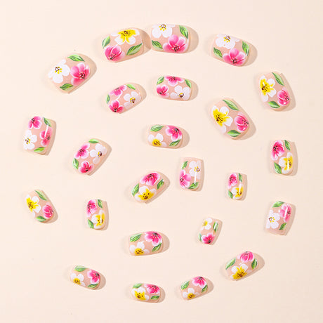 24pcs/Set Colorful Flowers with Green Botanical Leaves Short Press On Nails