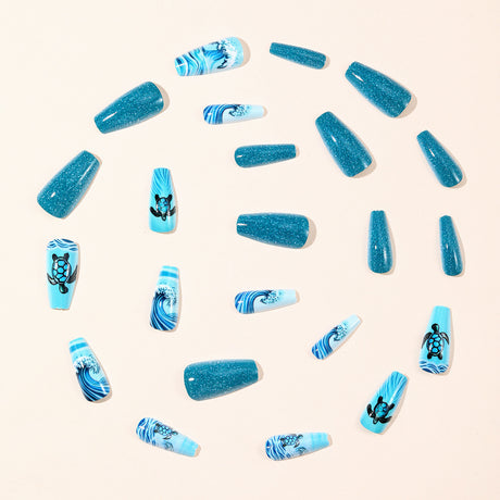 24pcs/Set Blue Ocean Waves & Sea Turtle Press-On Nails