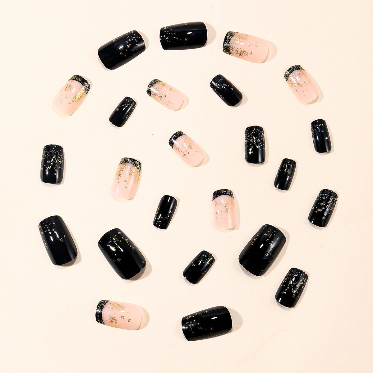 24pcs/Set Black French Tip with Gold Glitter Press-On Nails