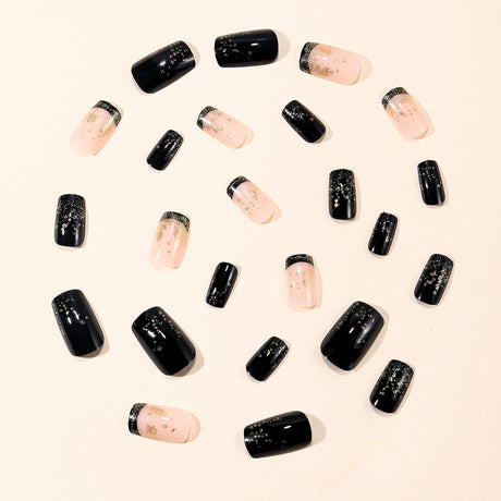 24pcs/Set Black French Tip with Gold Glitter Press-On Nails