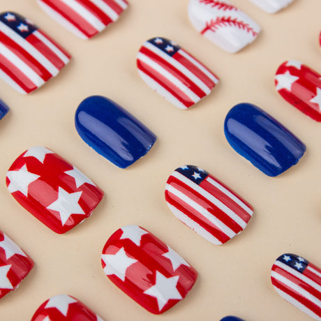24pcs/Set Red, Blue, and White Stars Short Press-On Nails
