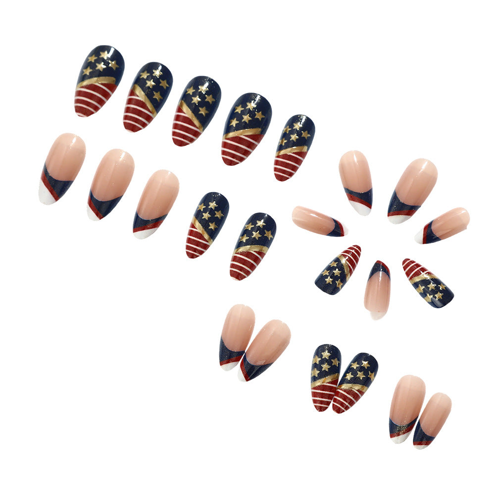24pcs/Set Red and White Stripes with Gold Stars Press-On Nails