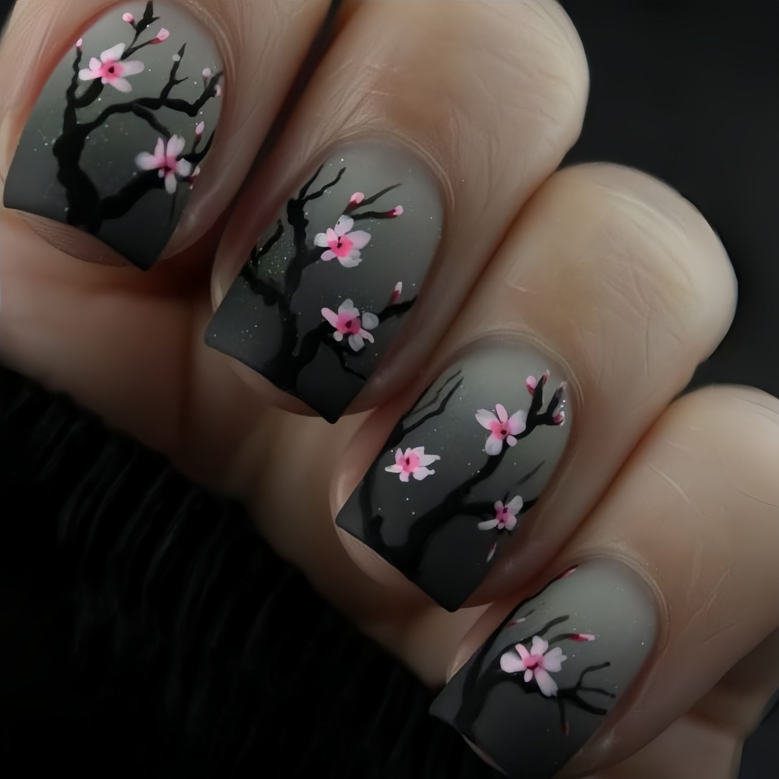 24pcs/Set Gray Small Flower Short Press On Nails