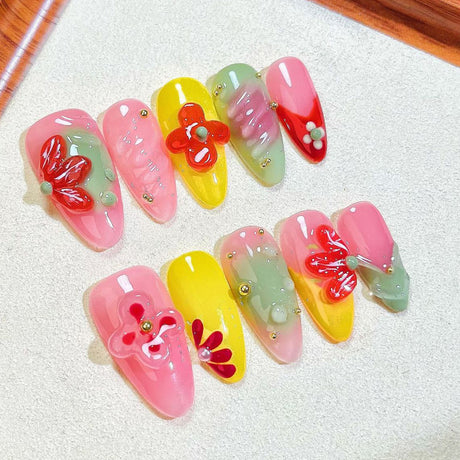 (Handmade) 10pcs/Set 3D Floral Embossed Carving Press-On Nails