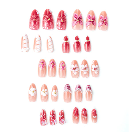 30pcs/Set 3D Cute Floral Butterfly Short Almond Press-On Nails