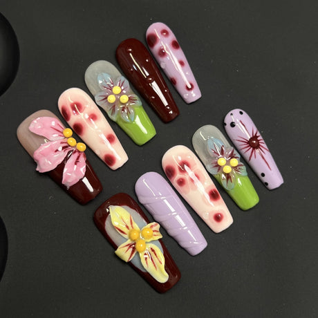 (Handmade) 10pcs/Set 3D Devil Flower Press-On Nails