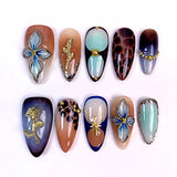(Handmade) 10pcs/Set Autumn Winter Brown Gradient 3D Rose Flower Press-On Nails