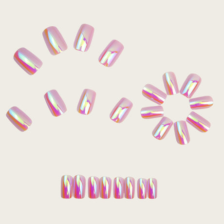 24pcs/Set Pink Aurora Chrome Press-On Nails