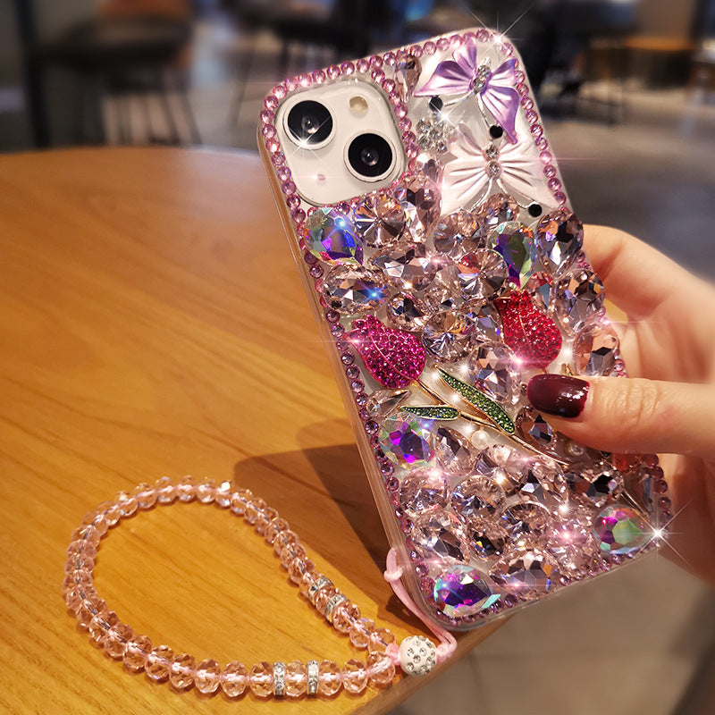 Rhinestone Floral iPhone Case with Phone Strap