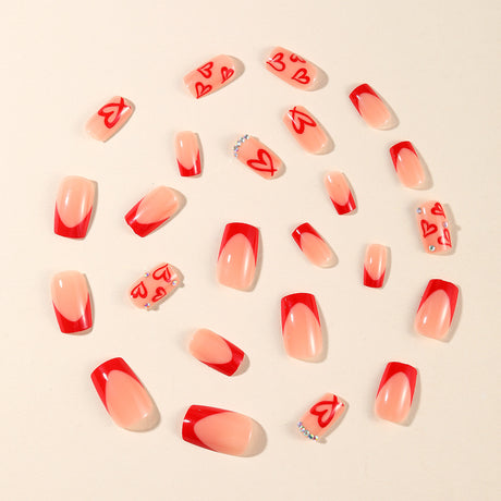 24pcs/Set Red Heart with Rhinestones Short Press-On Nails