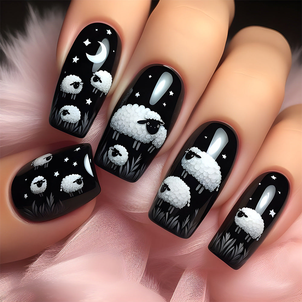 24pcs/Set Little Lamb with Night Sky and Stars Press-On Nails