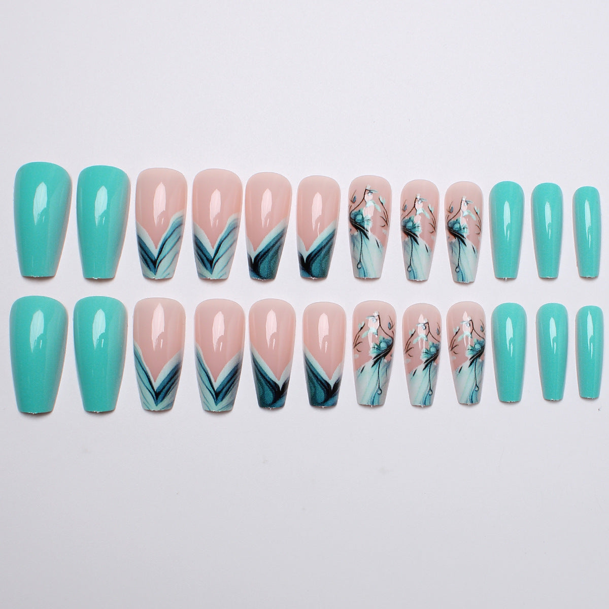 24pcs/Set Blue Ombre French Floral Press-On Nails