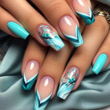 24pcs/Set Blue Ombre French Floral Press-On Nails