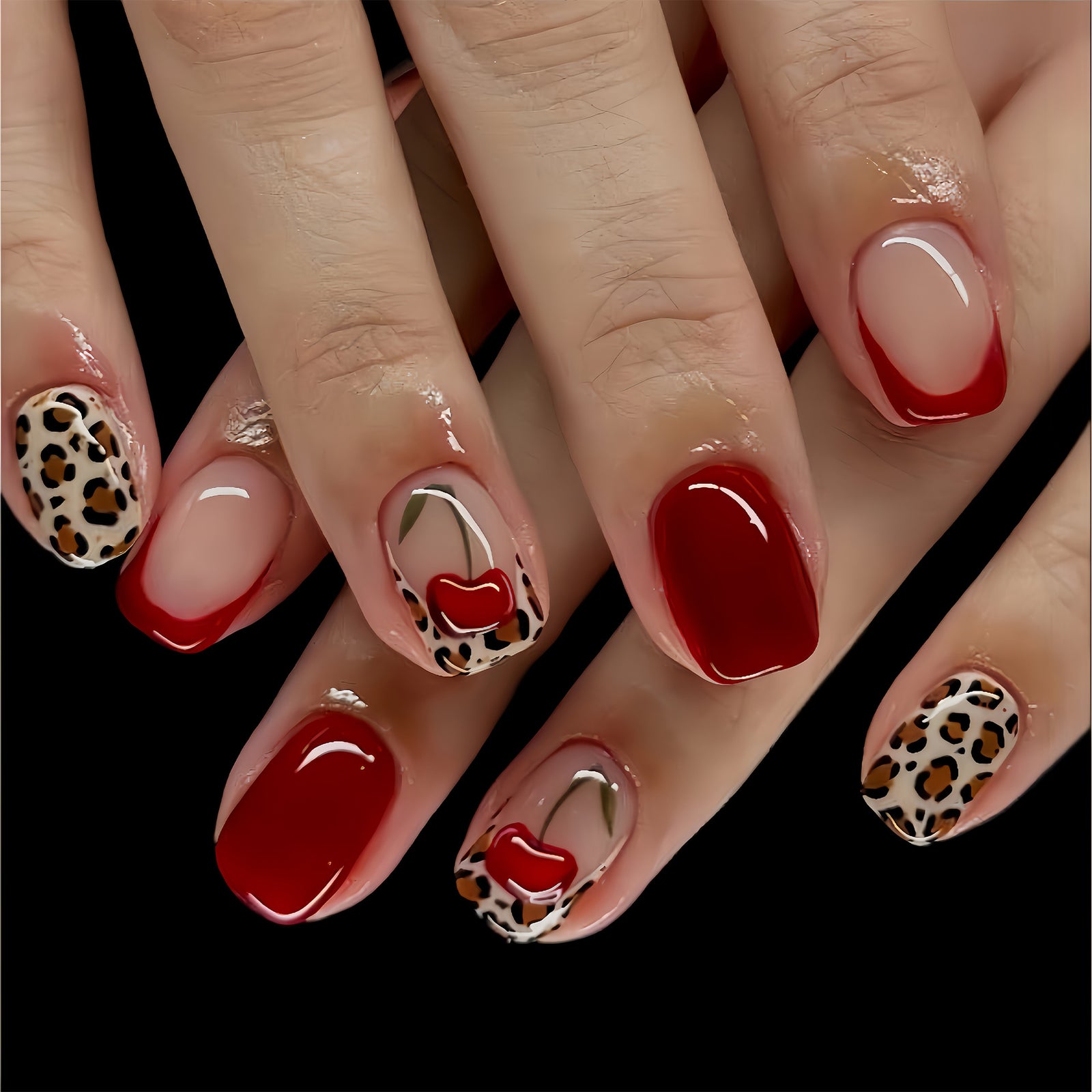 24pcs/Set Cherry French Leopard Press-On Nails