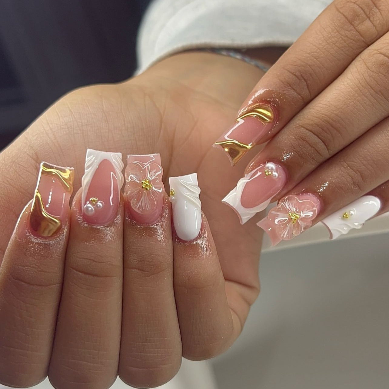 24pcs/Set Minimalist French 3D White Flowers Press-On Nails
