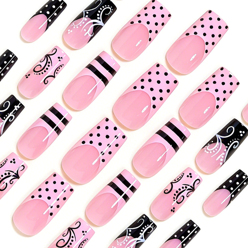 24pcs/Set Pink & Black French Polka Dots Press-On Nails