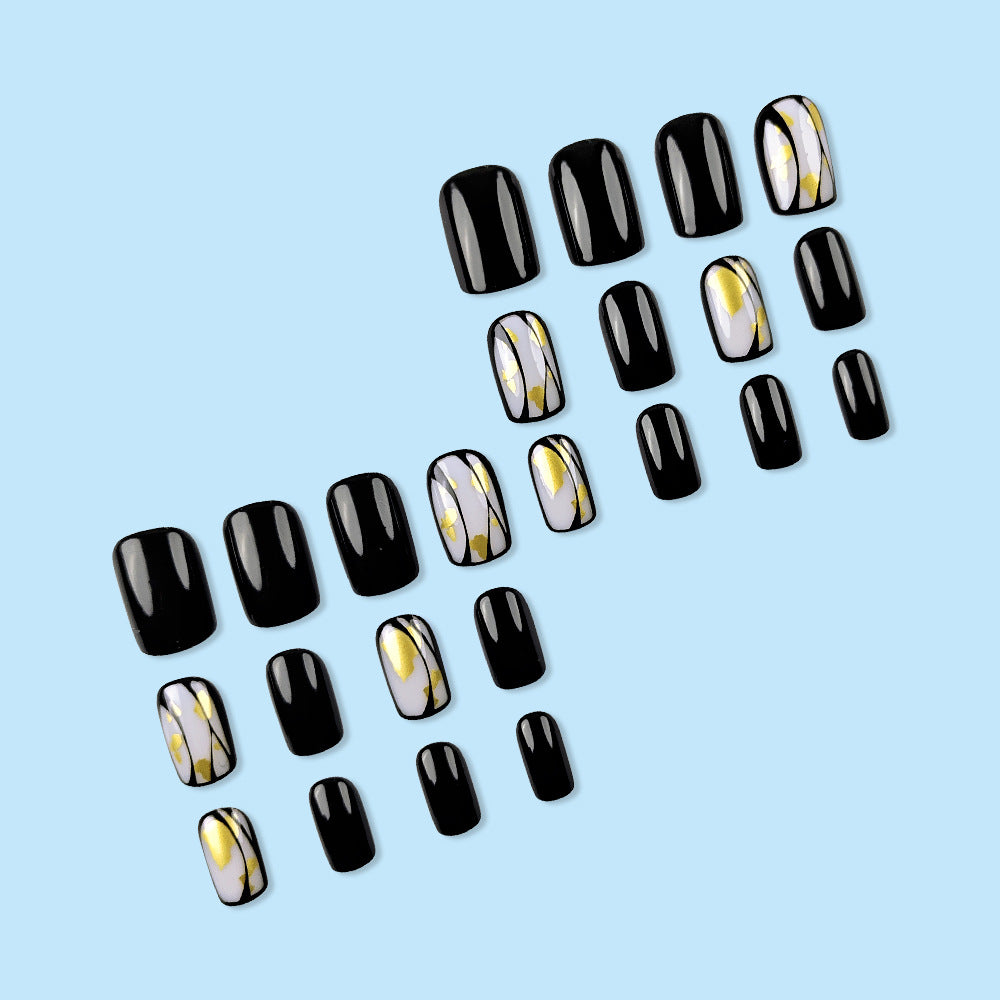 24pcs/Set Gold Foil Black Press-On Nails