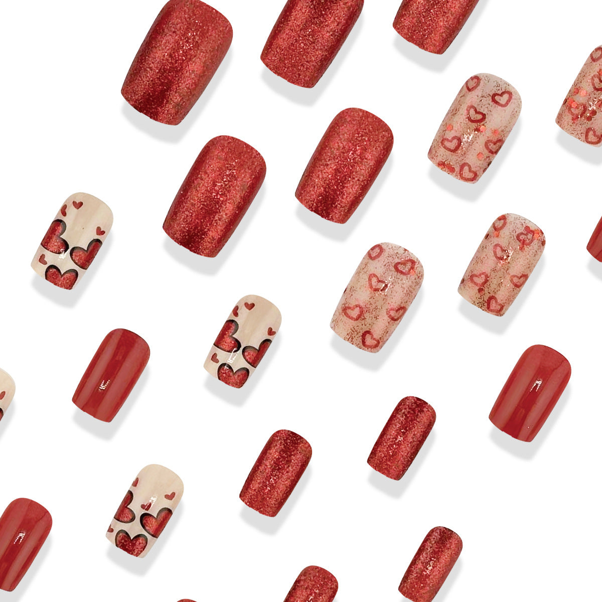 24pcs/Set Glitter Red Heart Short Press-On Nails