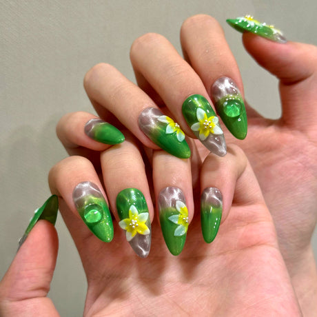 (Handmade) 10pcs/Set Green Cat-Eye with 3D Ice Flowers and Water Ripple Press-On Nails
