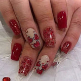 24pcs/Set Glitter Red Heart Short Press-On Nails