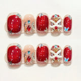 (Handmade) 10pcs/Set Red Awakening Lion Crushed Rhinestone Press-On Nails