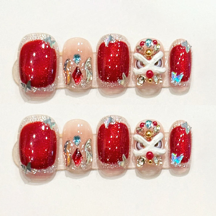 (Handmade) 10pcs/Set Red Awakening Lion Crushed Rhinestone Press-On Nails