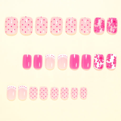 24pcs/Set Pink Polka Dots with White French Floral Press-On Nails
