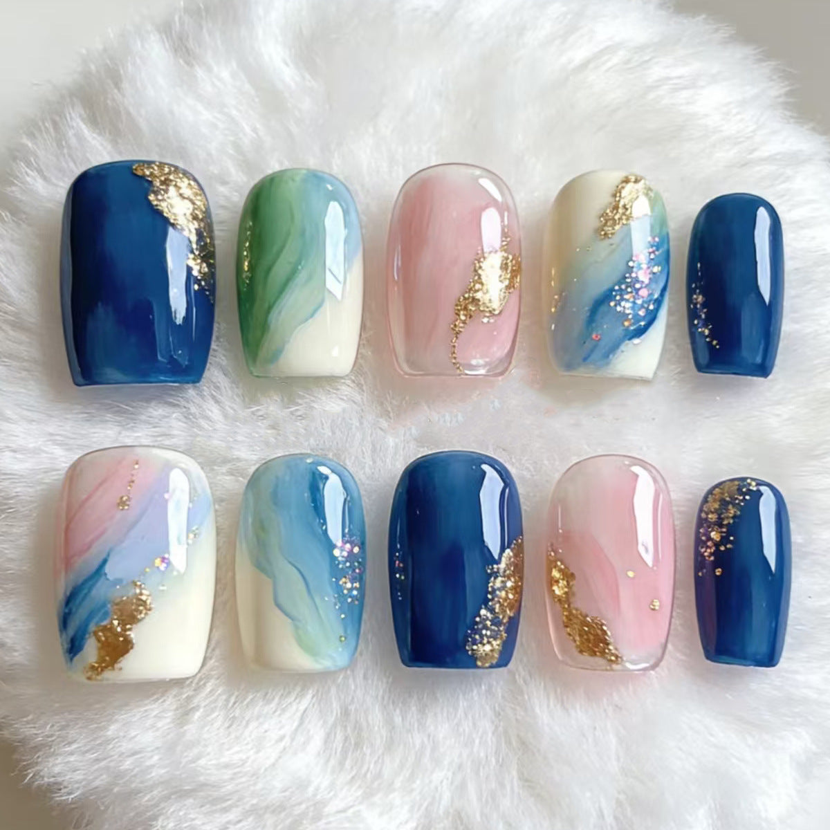 24pcs/Set Starry Blue Black Ombre Glitter Press On Nails