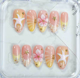 (Handmade) 10pcs/Set French Shell 3D Flowers Press-On Nails