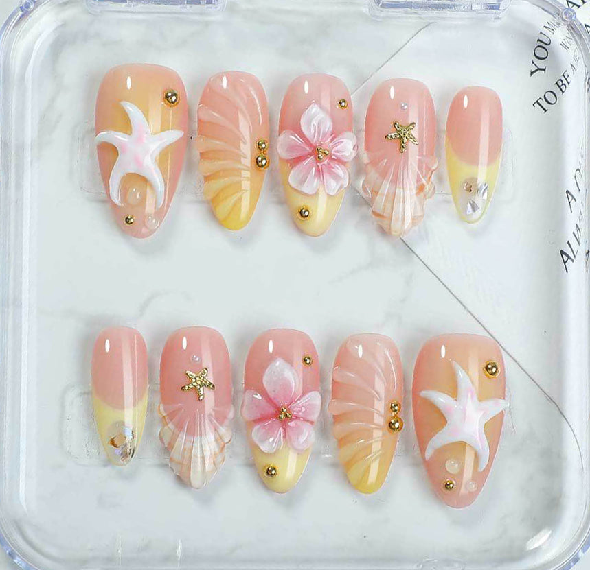 (Handmade) 10pcs/Set French Shell 3D Flowers Press-On Nails