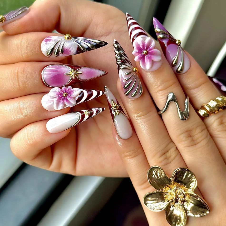 (Handmade) 10pcs/Set Elegant Violet Floral Press On Nails