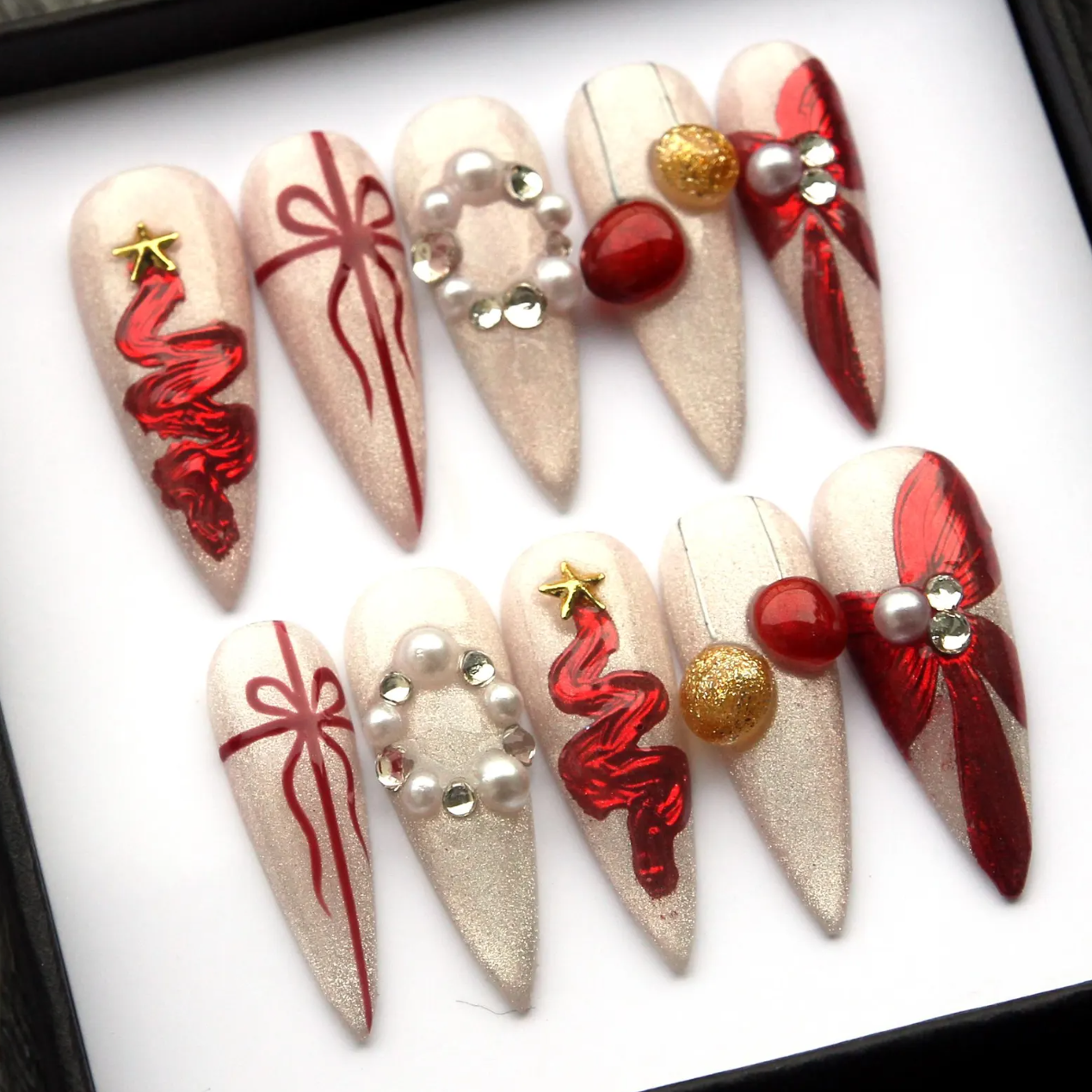 (Handmade) 10pcs/Set Christmas 3D Bow Tree & Balloon Press On Nails