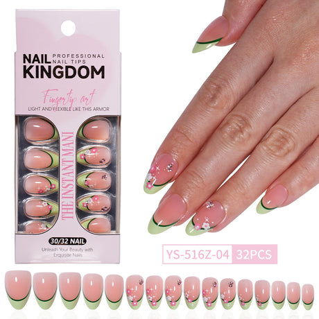 32pcs/Set Decal & Rhinestone French Short Almond Press-On Nails
