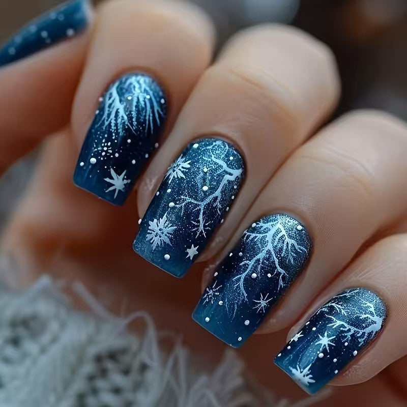 24pcs/Set Blue Gradient Snowflakes  Press-On Nails