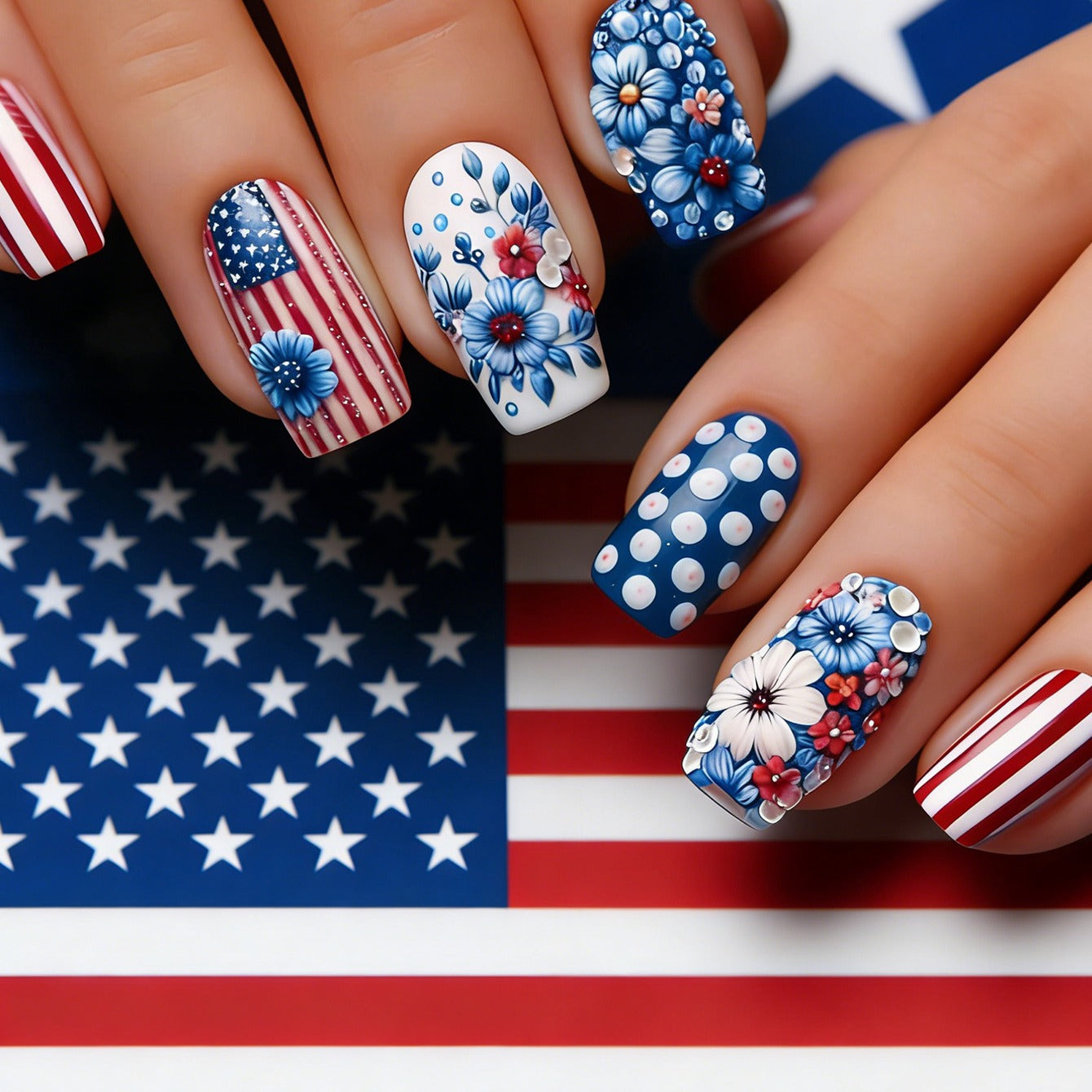 24pcs/Set Blue, Red, and White Floral Press-On Nails