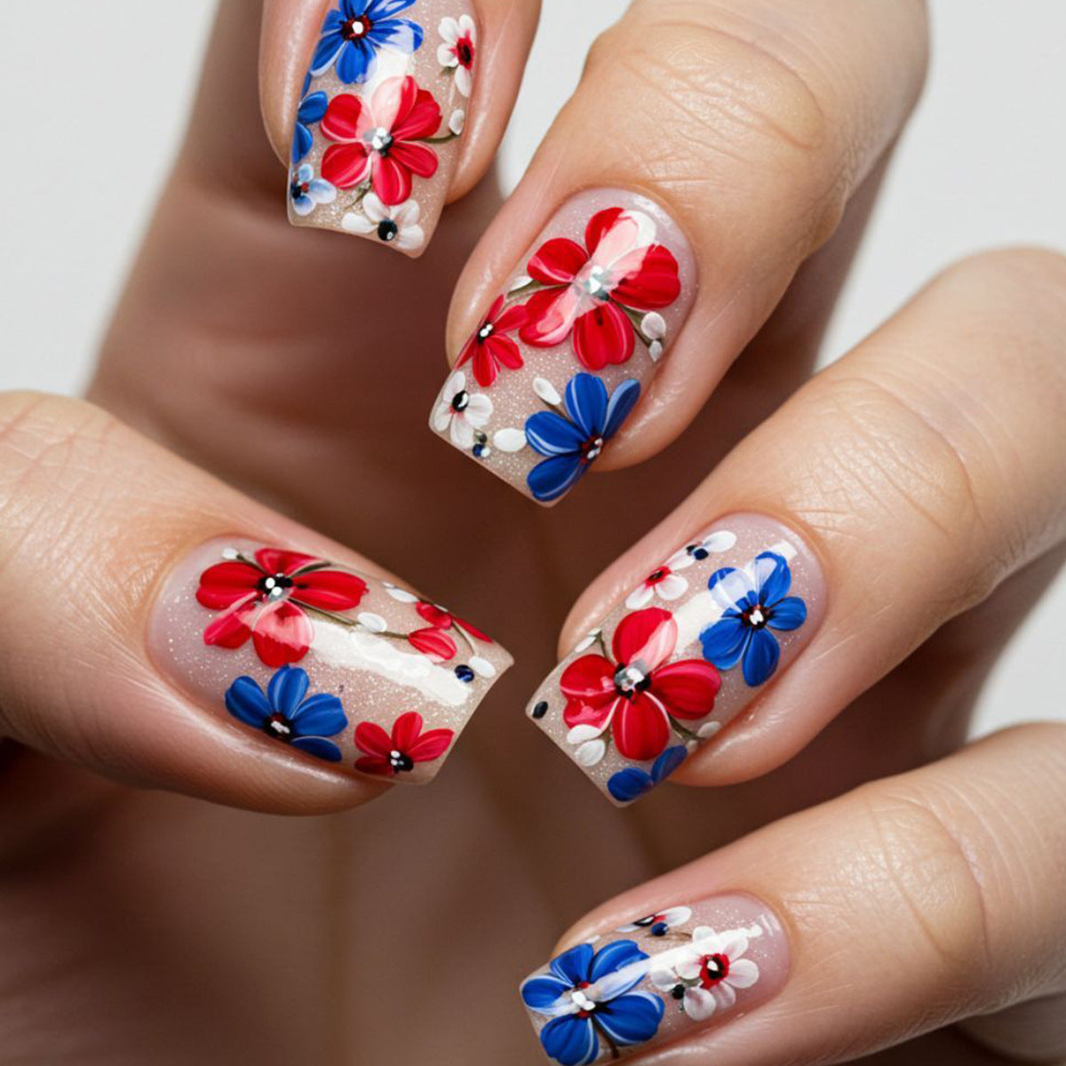 24pcs/Set Red Blue White Floral Press-On Nails