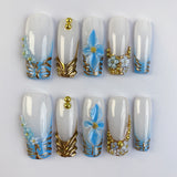 (Handmade) 10pcs/Set Blue 3D Flower Gold Zebra French Press-On Nails