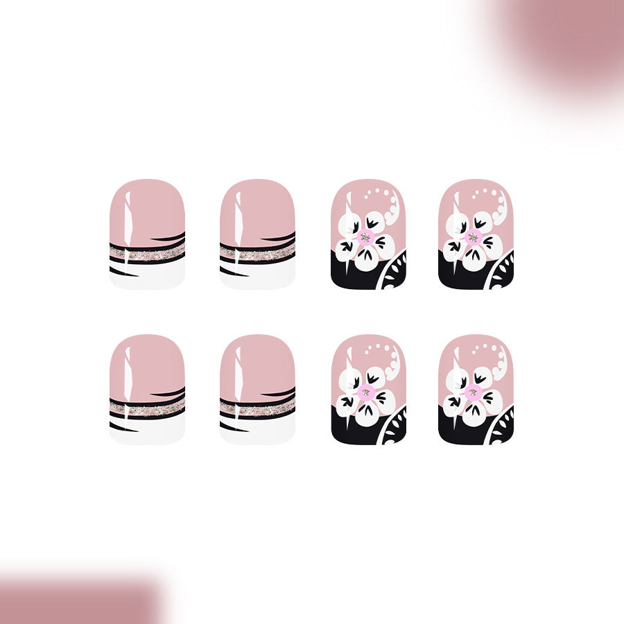 24pcs/Set Black & White French Stripe Flowers Press-On Nails