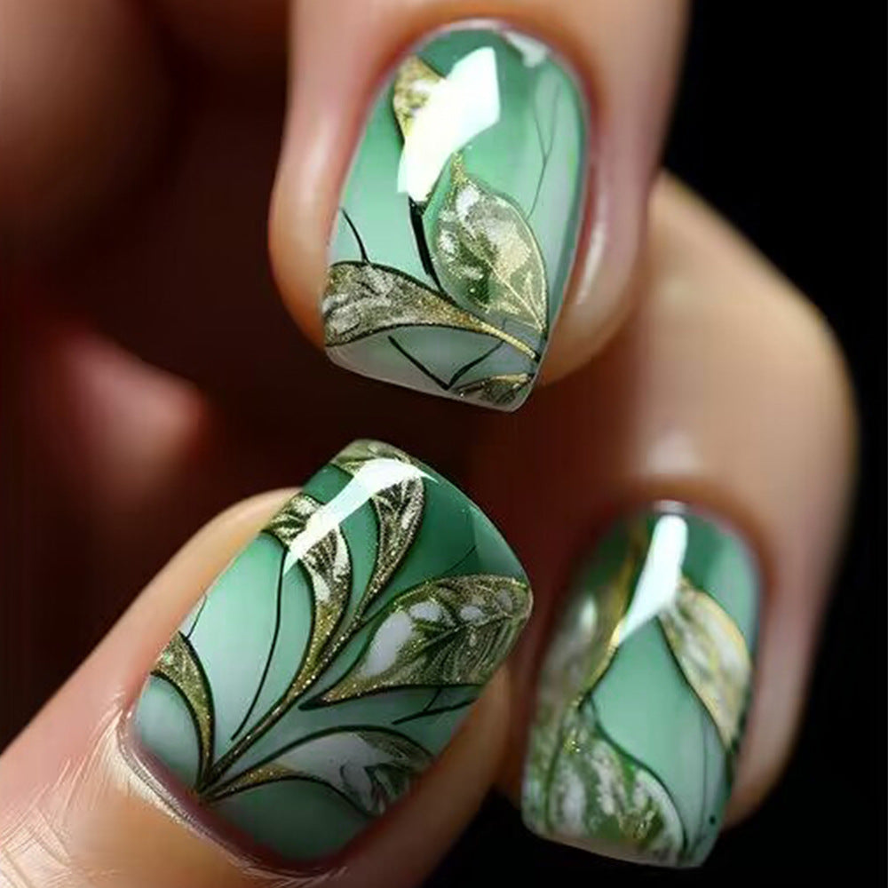 24pcs/Set Emerald Floral Glitter Press-On Nails