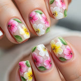 24pcs/Set Colorful Flowers with Green Botanical Leaves Short Press On Nails