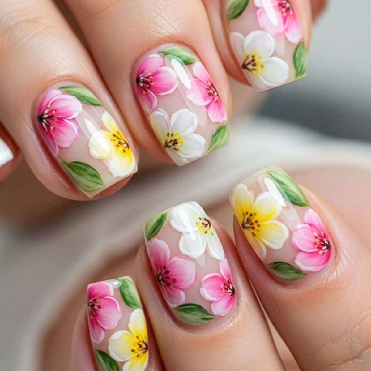 24pcs/Set Colorful Flowers with Green Botanical Leaves Short Press On Nails
