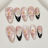 (Handmade) 10pcs/Set Pink Ombre 3D Flower French Press-On Nails