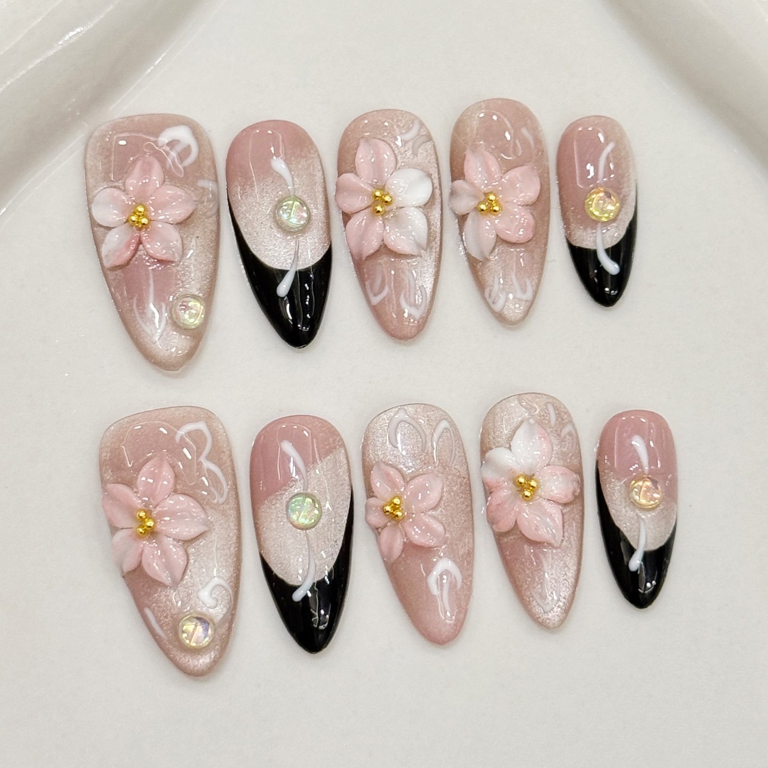 (Handmade) 10pcs/Set Pink Ombre 3D Flower French Press-On Nails