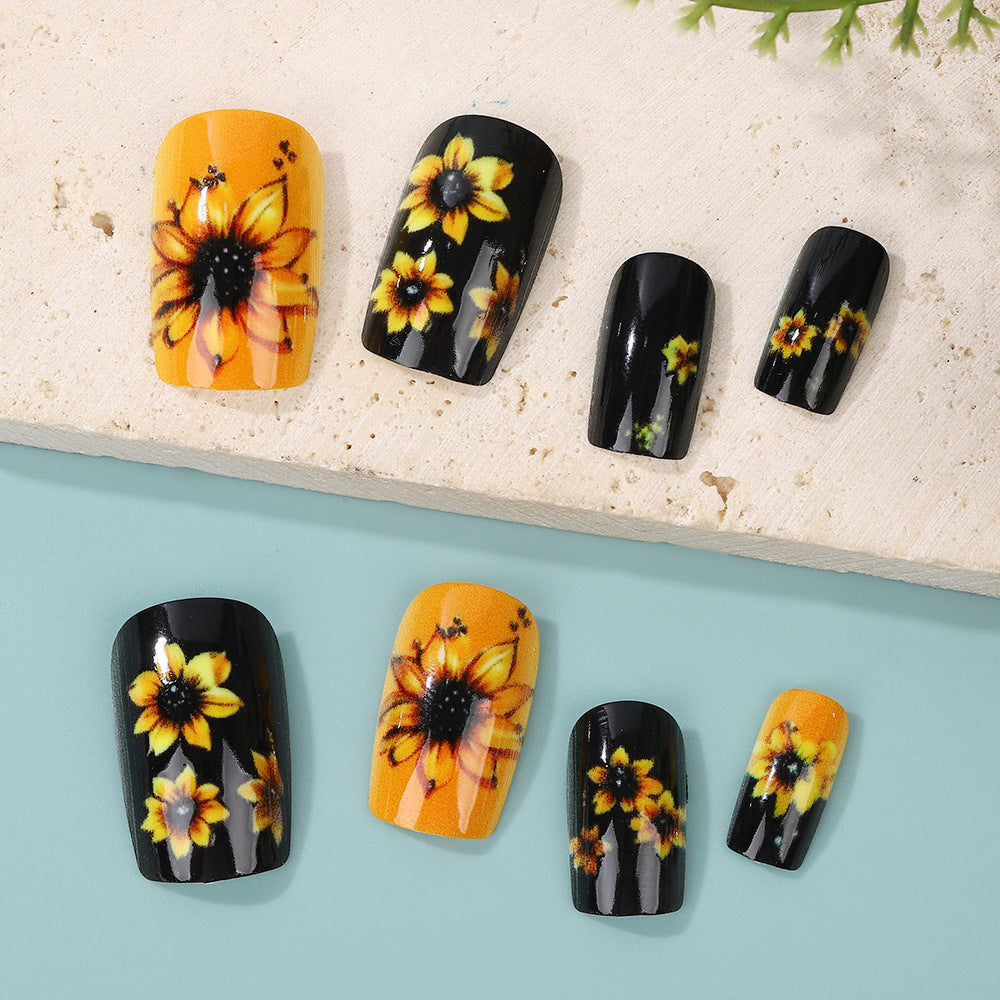 24pcs/Set Black & Orange Contrast Floral Press-On Nails