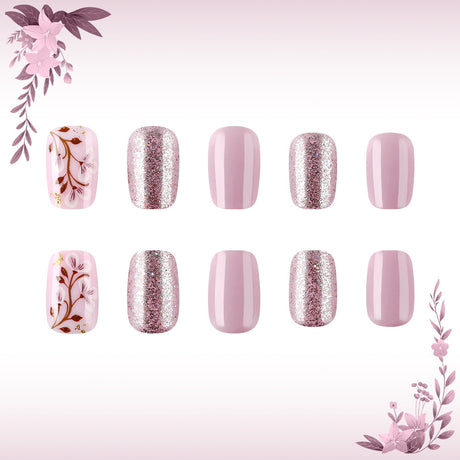 24pcs/Set Purple Glitter Flowers Press-On Nails